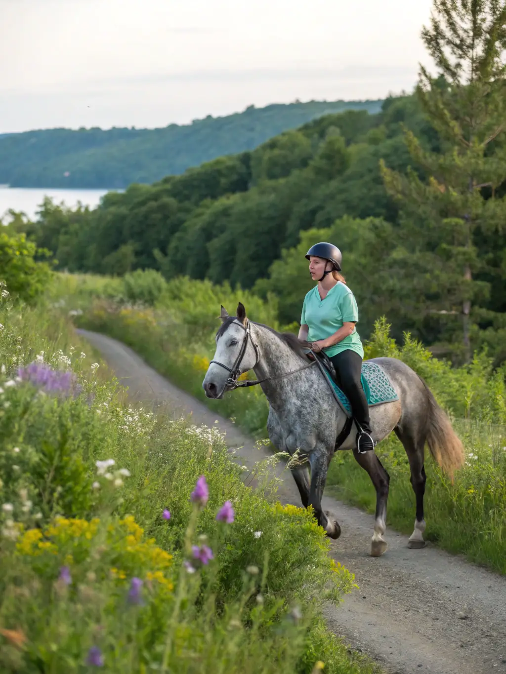 A rider smiling as they canter through a picturesque field, capturing the joy and freedom of recreational horseback riding with AERN.