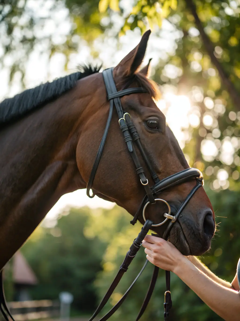 A close-up shot of a rider's hands gently holding the reins, showcasing the connection and control achieved through AERN's horsemanship training.