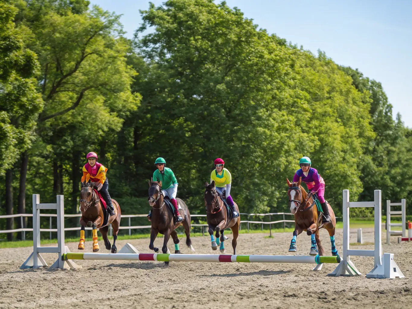 A dynamic shot of participants competing in a show jumping event, showcasing skill and athleticism.