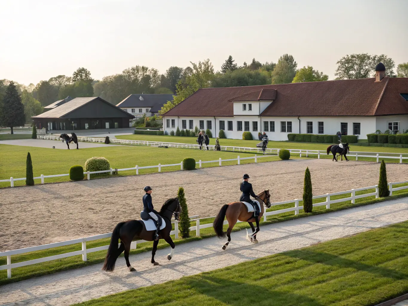 A group of riders participating in a dressage training session in an outdoor arena, showcasing precision and elegance in their movements.