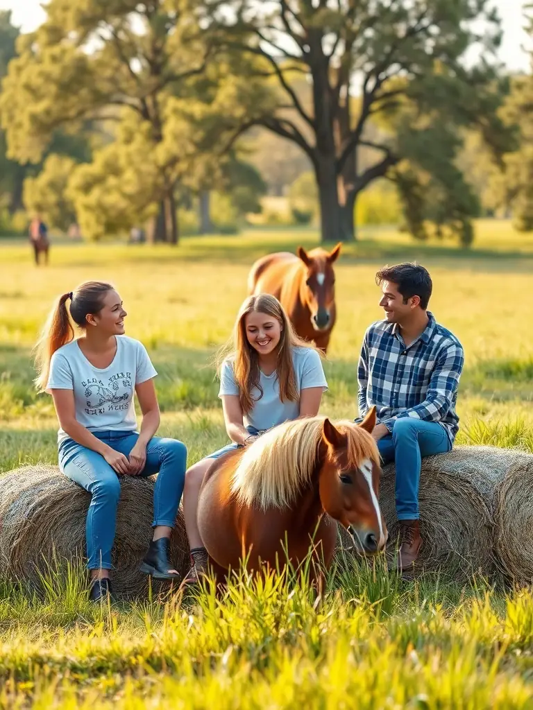 A group of AERN members laughing and sharing stories after a riding session, illustrating the sense of community and camaraderie fostered by the association.