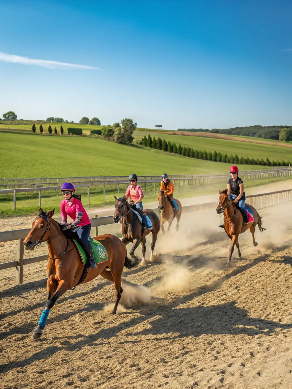 A diverse group of riders of different ages and skill levels participating in an AERN-organized equestrian event, highlighting the inclusive nature of the association.