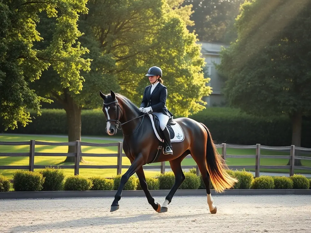 A group of riders participating in a dressage training session in an outdoor arena, focusing on precision and elegance.