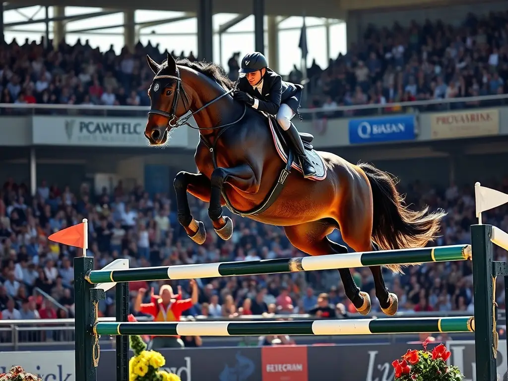 A skilled equestrian rider competing in a show jumping event, demonstrating precision and athleticism as they navigate a challenging course at AERN ASSOCIATION EQUESTRE REGION NUITONNE.