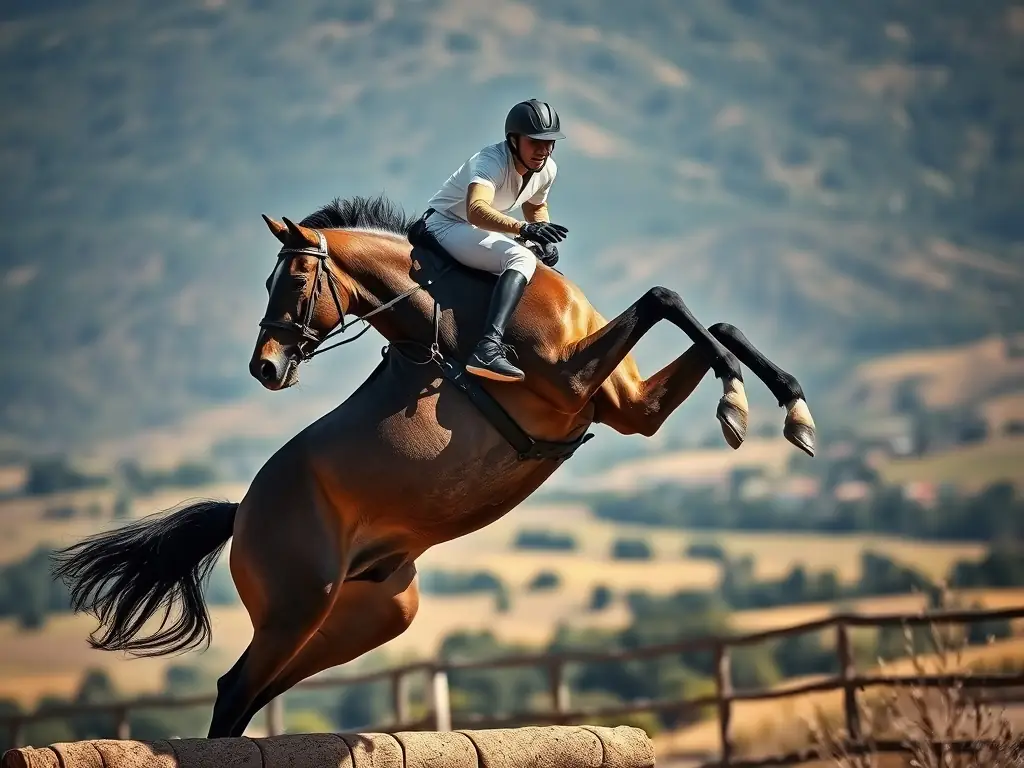 A dynamic shot of a horse and rider clearing a jump during a show jumping competition, capturing the excitement and skill involved.